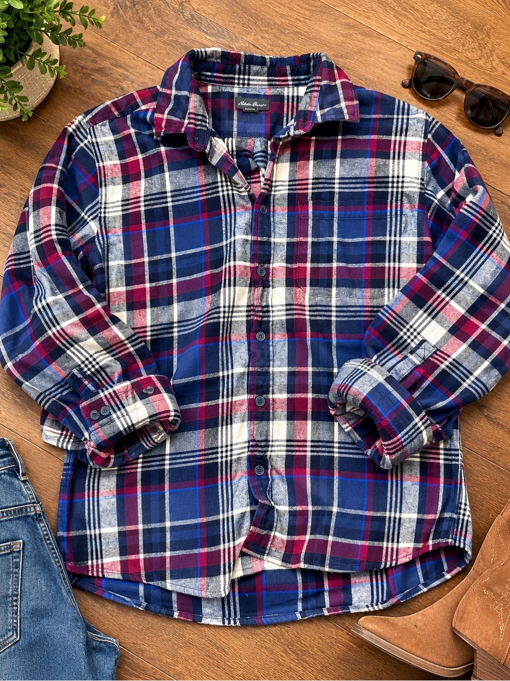 Eddie Bauer Navy, Burgundy & White Plaid Flannel Shirt